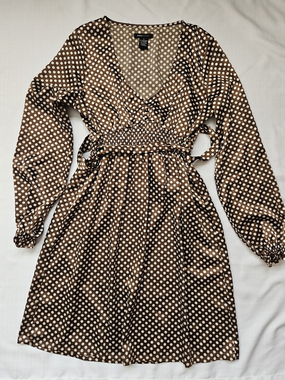 BCBGMAXAZRIA Brown White Polka Dot Satin Long Sleeve Mini Dress M